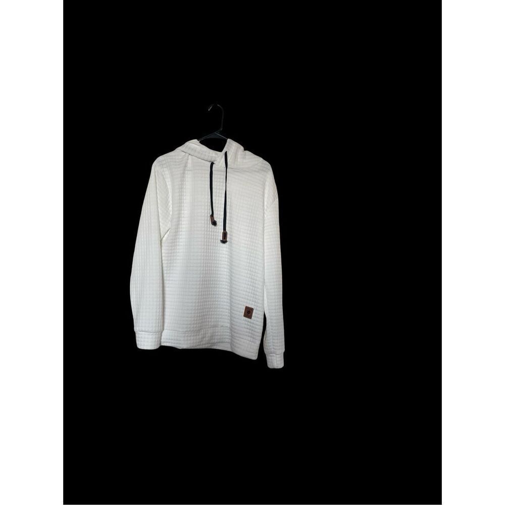 Vogue Mens White Textured Quilted Waffle Knit Pullover Hoodie Sweatshirt Medium